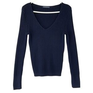 Brandy Melville Navy Blue Ribbed Sweater One Size Pullover V-Neck Long Sleeve